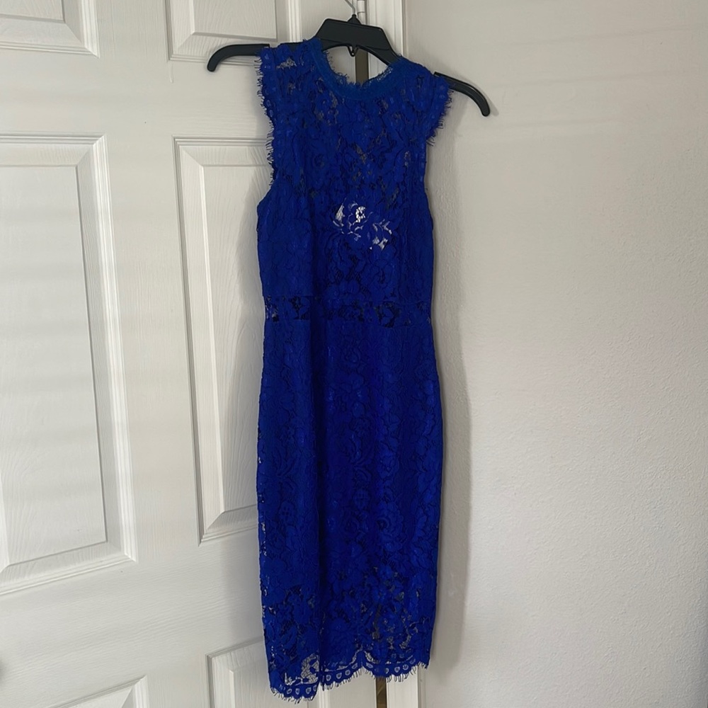 Raw edge cap sleeve royal blue dress, size small